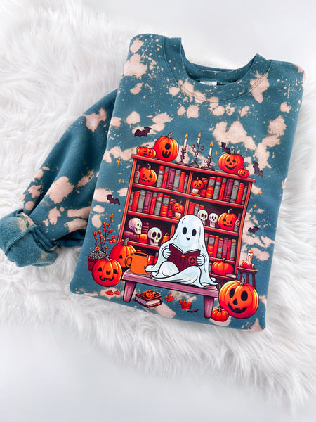 Bookish Ghoulie Ghost Halloween Marbled Sweatshirt or Hoodie