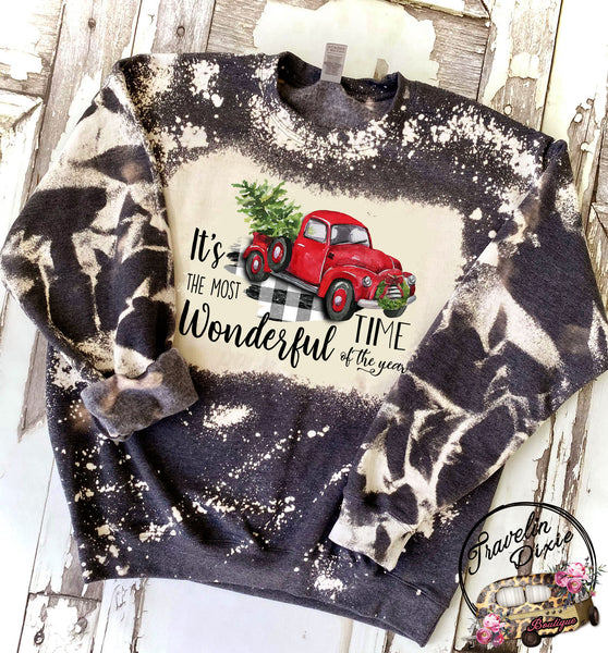 Red Plaid Truck ~ It's the Most Wonderful Time of the Year ~ Bleached Christmas Crewneck Sweatshirt