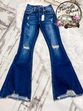 Crash My Party Distressed Denim Stretch Flares - Dark Wash