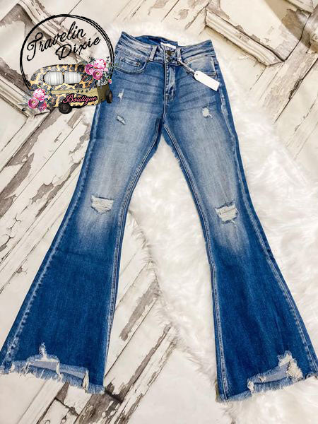 Crash My Party Distressed Denim Stretch Flares - Light Wash